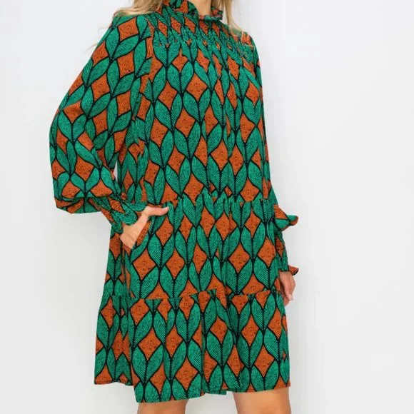 Meloday Dresses | Mock Neck Long Sleeve Tiered Print Dress in Green/ Rust | Color: Green/Orange | Size: M | Nisare13's Closet